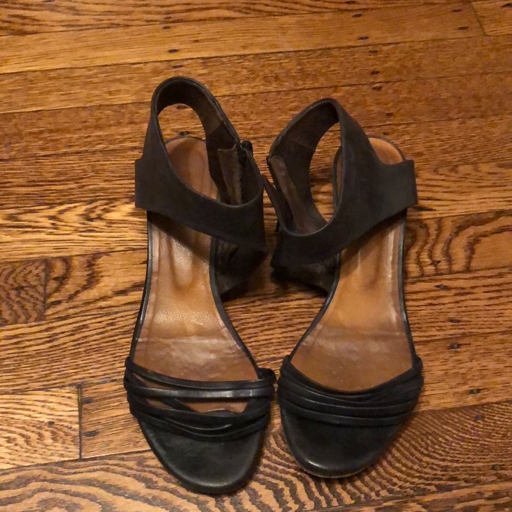 Black leather strappy wedge sandals